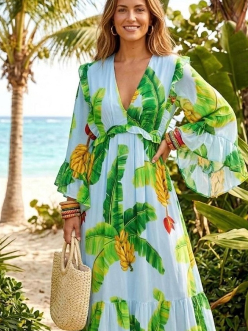 Farm Rio Chiffon Tropical Banana Leaf Maxi Dress